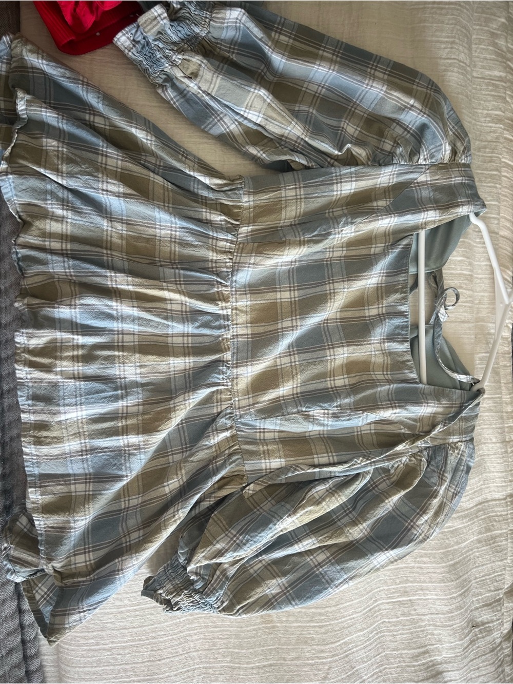 Woven Plaid Peasant Blouse in Olive & Gray